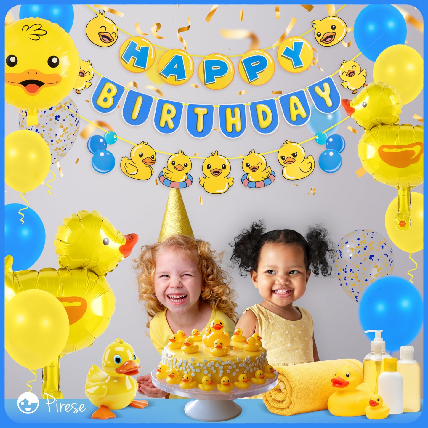 Pirese Rubber Duck Birthday Decorations Kit, Duck Birthday Banner with Balloons, Pre-Strung Duck Party Decorations for Kids, One Lucky Duck Theme