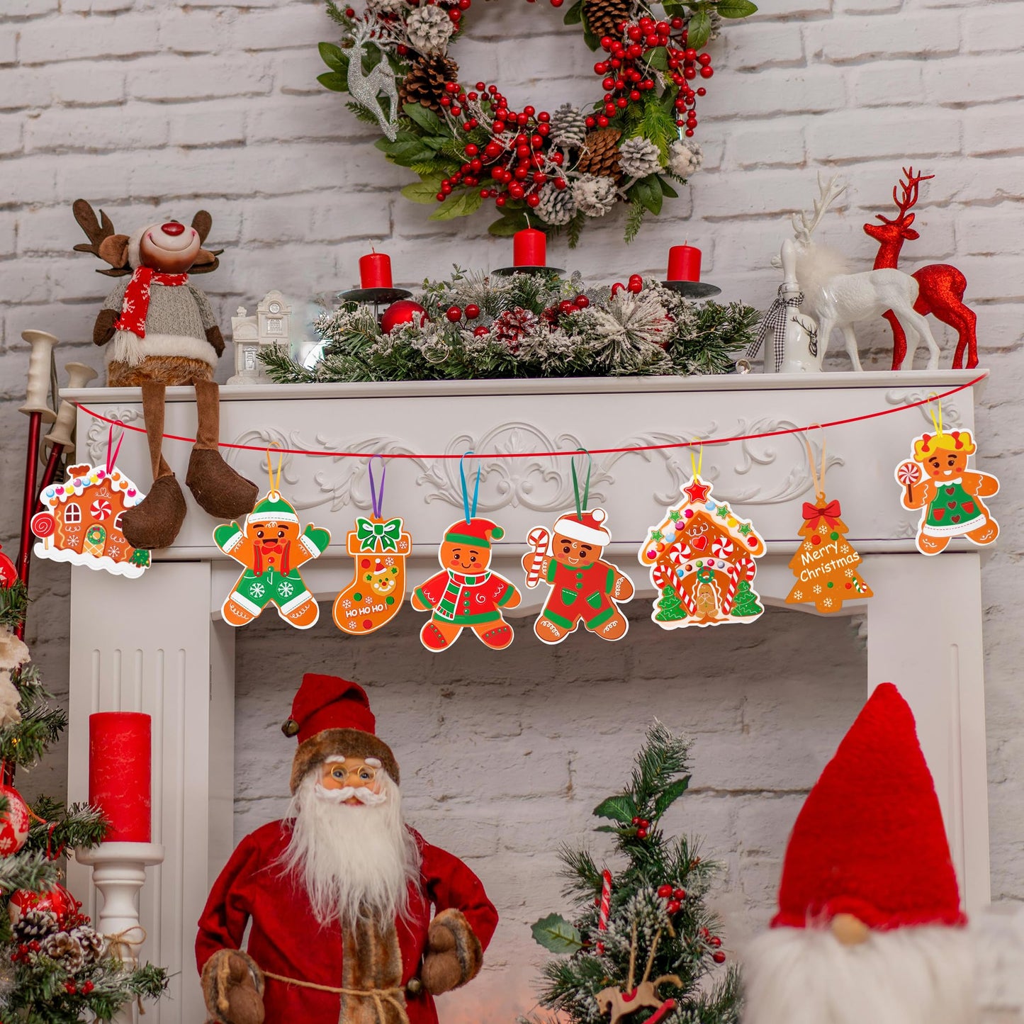 Christmas Ornament Craft Kits for Kids - DIY Gingerbread Christmas Decorations, 24PCS Set with 8 Festive Designs Including Gingerbread Man, Tree, Stocking, Stickers & Strings for Xmas Party Favors
