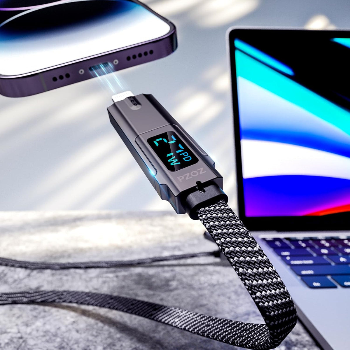 pzoz 4-in-1 USB C Fast Charging Cable with LED Display, Multi USBC Charger Combo Lightning/Type C/USB A Metal Ports for iPhone 16/15/14 Pro Max iPad MacBook AirPods Pro Samsung Google (60W, 5 ft)