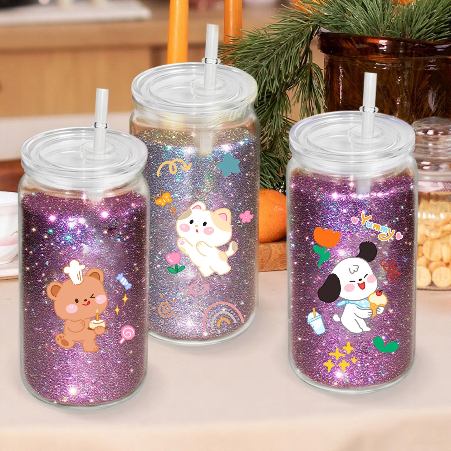 AZEAM 8 PCS Plastic Snow Globe Tumbler,16 oz Double Wall Tumbler with Pre Drilled Hole,Bulk Snow Globe Cups with Clear Lip and Straw,DIY Glitter Snowglobe(No gold powder)