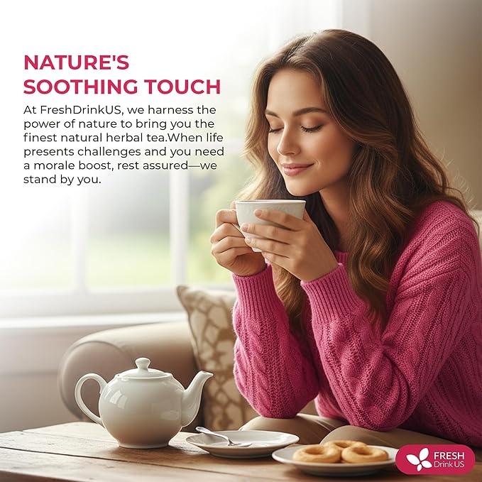 FreshDrinkUS, 40 Tea Bags - Menopause Support Herbal Tea β Soothing Blend with Rhubarb, Hibiscus, Valerian, Passiflora, Ashwagandha, Fennel & Chamomile, Caffeine-Free, Vegan, Non-GMO