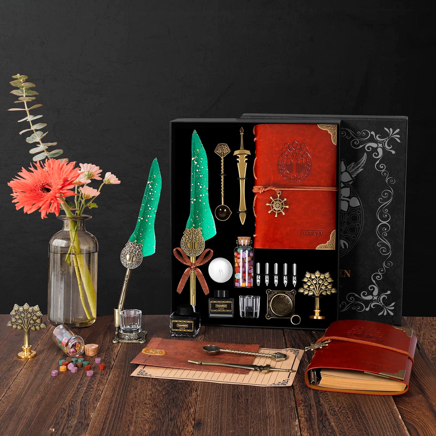 TIANREN Quill Pen and Ink Set,Feather Dip Pen,Antique Calligraphy Pen with 5 Replaceable Nibs,Wax Seal Stamp kit,Wax Beads & Leather Writing Notebook Christmas gift for Men&Women(Green)