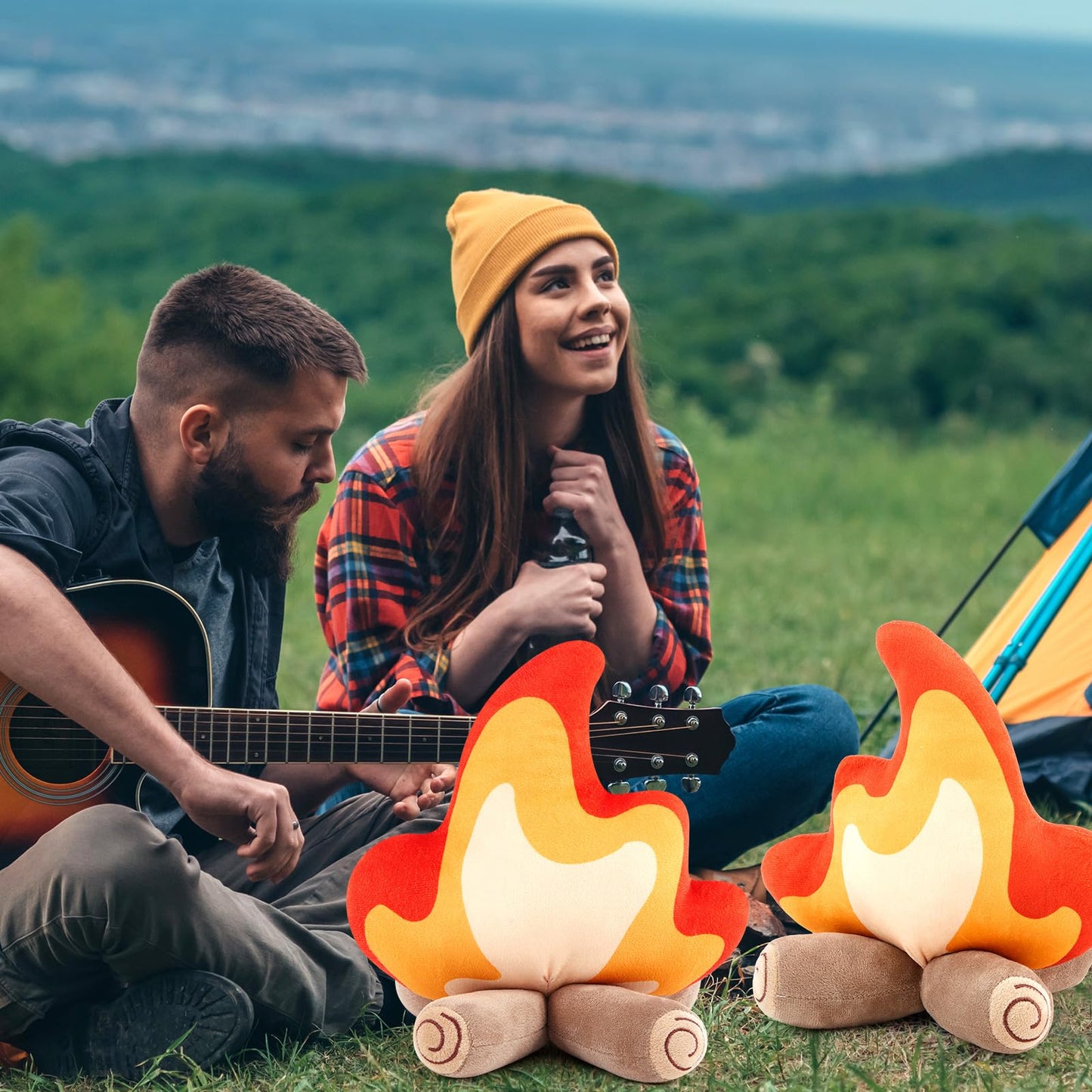 PullCrease 4 Pack Campfire Plush Toys Fake Fire Firewood Plush Pillow for Camping S'More Birthday Party Scene Setting Room Decoration and Woodland Forest Nursery Classroom Decor