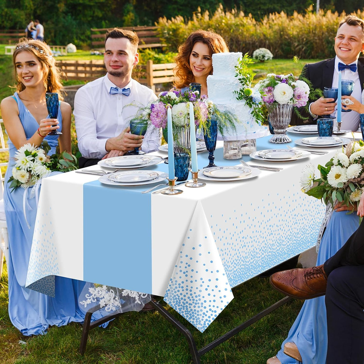 12Pcs White Light Blue Tablecloth Party Decorations,Plastic White Table Cloth Printed Baby Blue Tables Runner Disposable Rectangle Table Cover for Birthday Baby Shower Wedding Party,54 x108 Inch