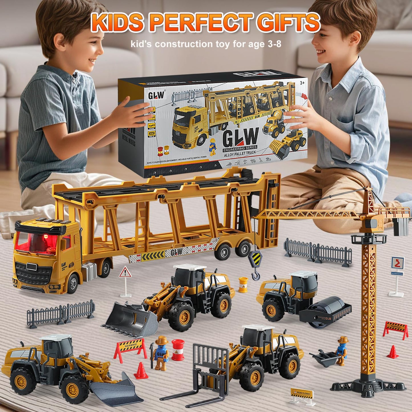 GLW Construction Trucks Toy Set – Alloy Inertia Driving 1:40 & 1:55 Simulation Model Toys, Including Forklifts, Wheel Loader, Road Rollers, Bulldozer, and High Cranes with Scenario Accessories