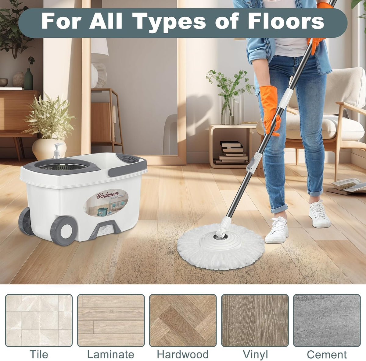 Mop and Bucket with Wringer Set,Spin Mop and Bucket System, Mops for Floor Cleaning,Household Supplies Tools with 6 Replacement Refills,61" Extended Handle for Household Hardwood Floor - White