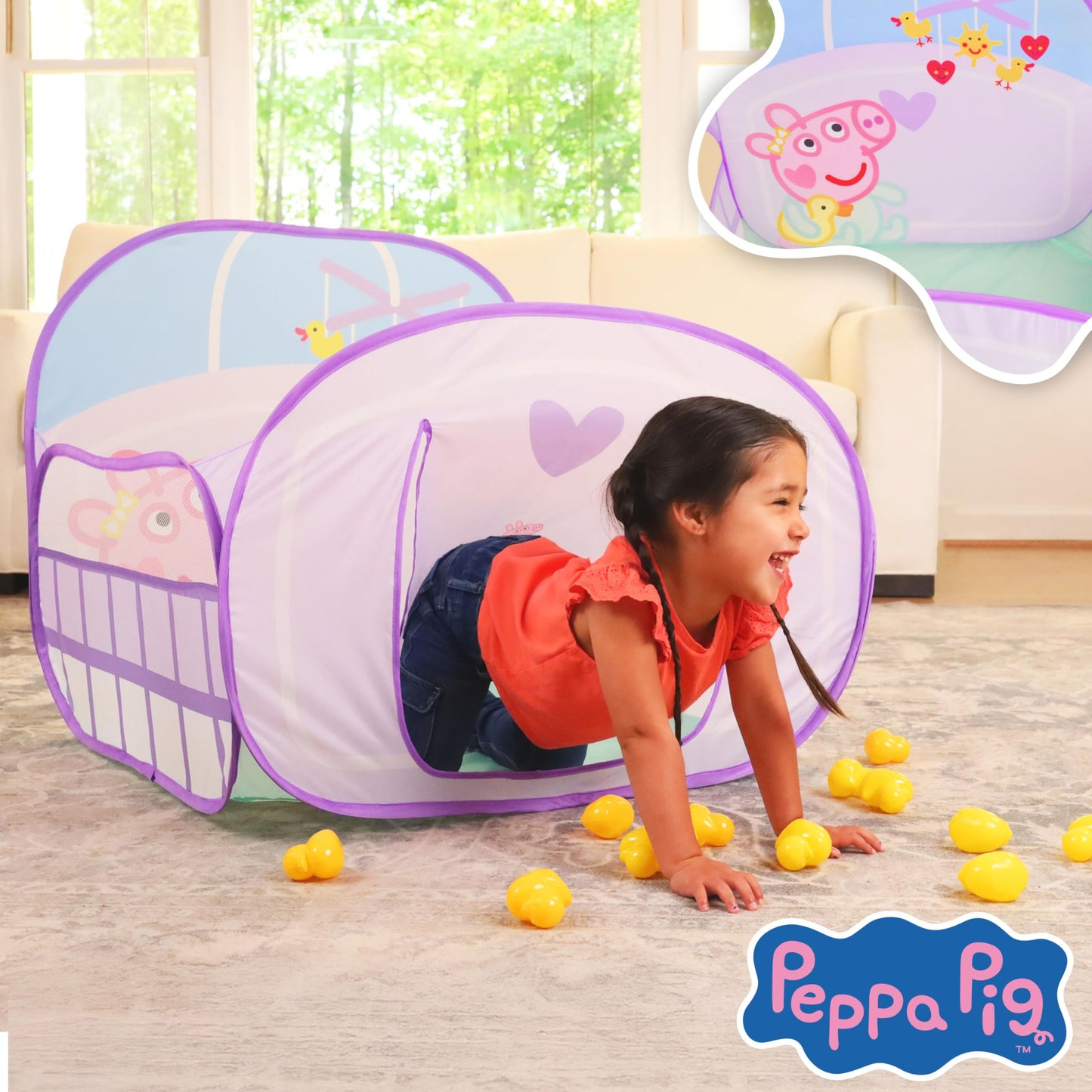 Peppa Pig Ball Pit Crib, Large Pop Up Tent with Crawl Through Opening, Includes 20 Duck Shaped Play Balls, Toddlers 2+