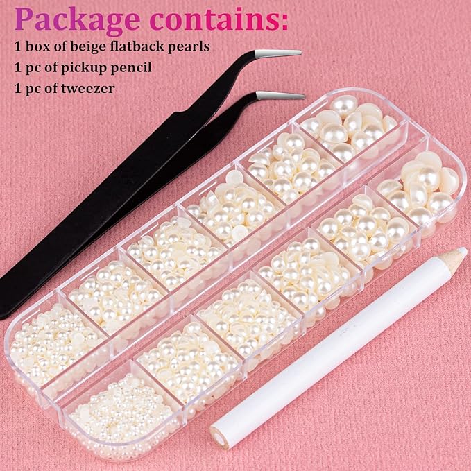 Belleboost Flat Back Pearls Kits 1 Box of Flatback Beige Half Round Pearls with Pickup Pencil and Tweezer for Home DIY and Professional Nail Art, Face Makeup and Craft