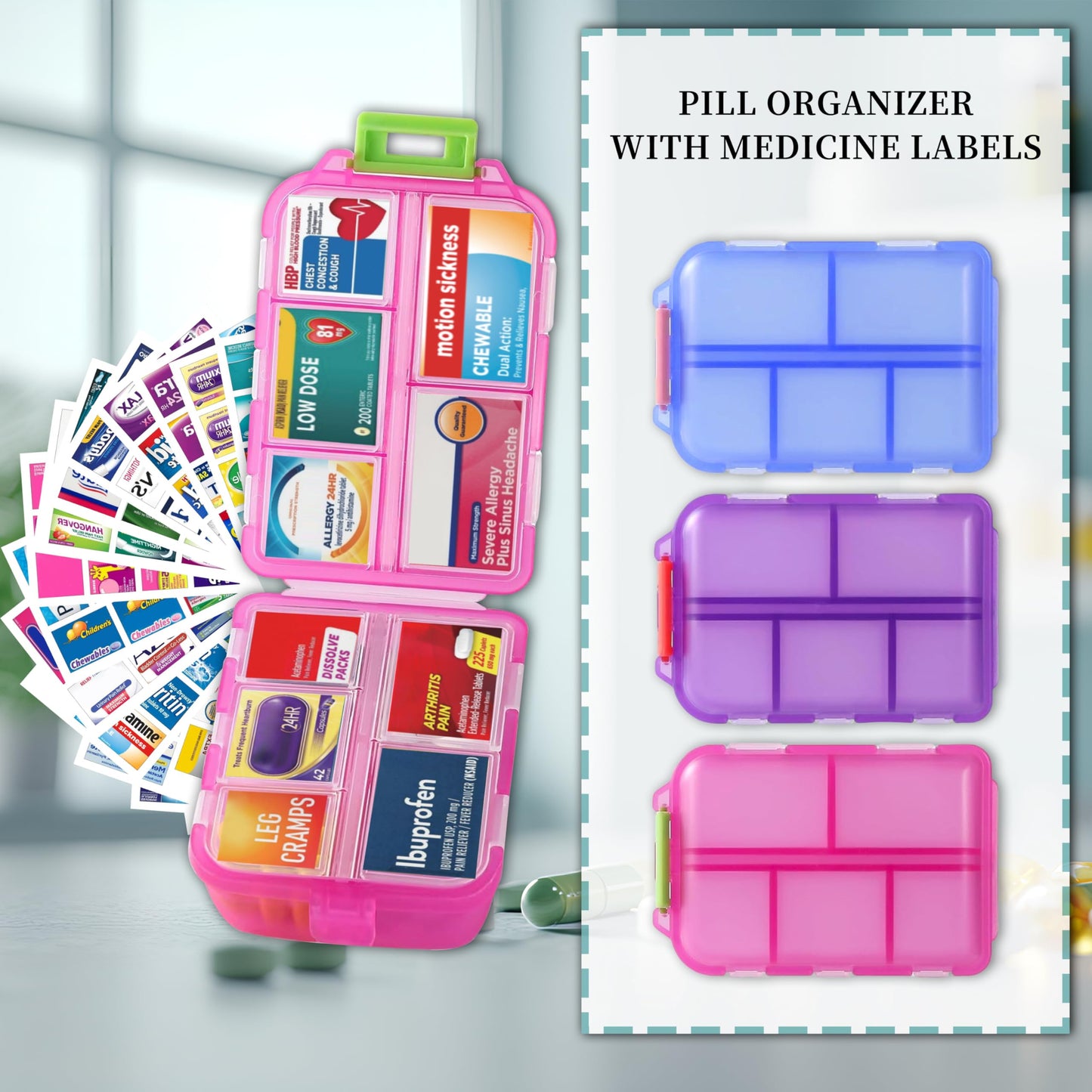 iouwei Large Pill Organizer with Medicine Labels, Travel Daily Pill Container, Mini Medication Organizer, 7-Day Pill Case, Set of 3 (Blue+Pink+Purple)