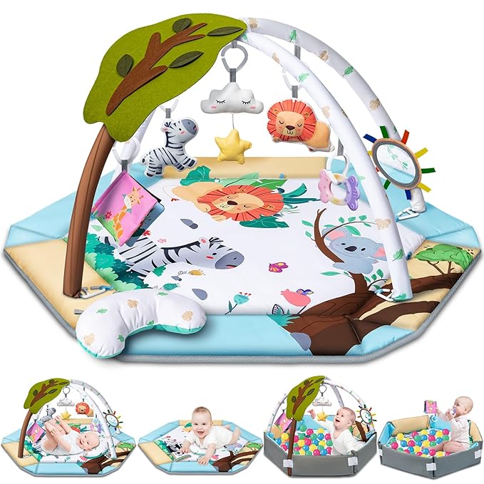 Baby Gym Play Mat, 8-in-1 Tummy Time Mat & Ball Pit with 6 Toys, Washable Baby Activity Mat for Visual, Hearing, Sensory, Motor Development, Baby Gift for Newborn Infant 0-3-6-9-12 Months (Blue)
