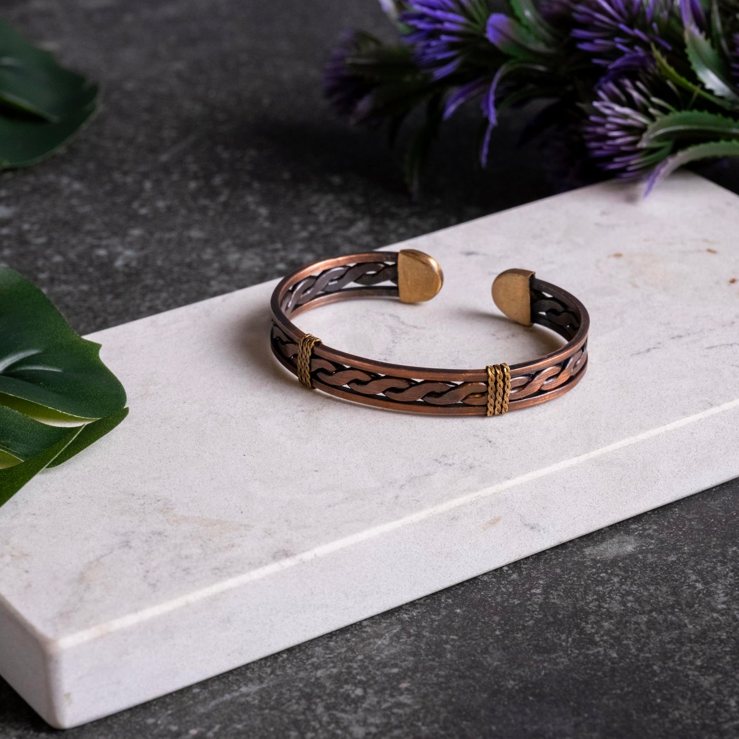 ALFIQ Handmade Copper Brass Cuff Bracelet for Men, Twisted Weave Pattern, Dark Copper (Dark Copper Weave)