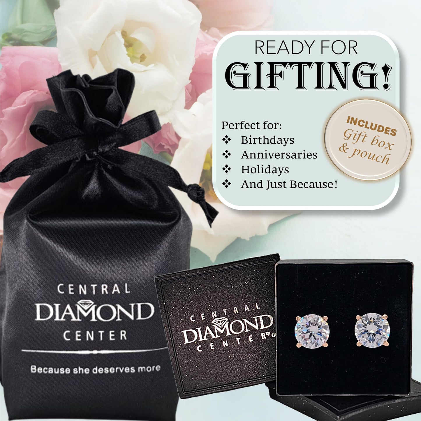 Central Diamond Center 14K Solid Gold Post & Sterling Silver 4 Prong CZ Stud Earrings - Rose Gold Plated - 10.0mm - 8.00cttw