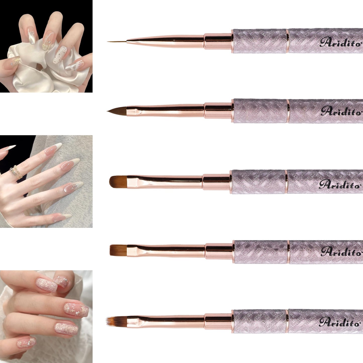 Aridito 5pcs new shiny leather case with metal handle and cap gel nail art brushes professional tools for High-end nail salon use