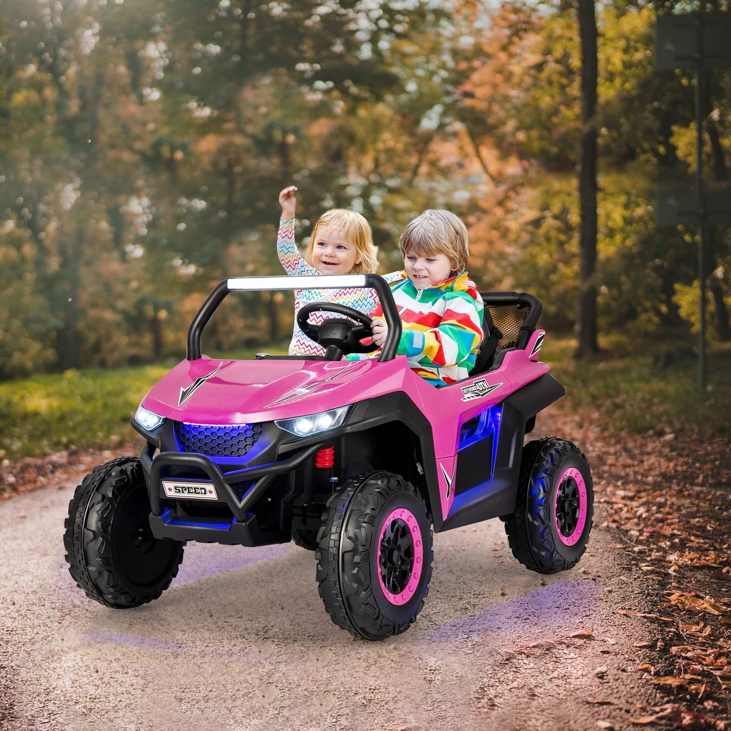 HONEY JOY Pink 2 Seater Ride On Car, 12V Battery Powered Ride On Truck w/Remote Control, Spring Suspension, High/Low Speed, Storage, Music, USB, Ambience Lights, Electric Vehicle UTV for Kids (Pink)