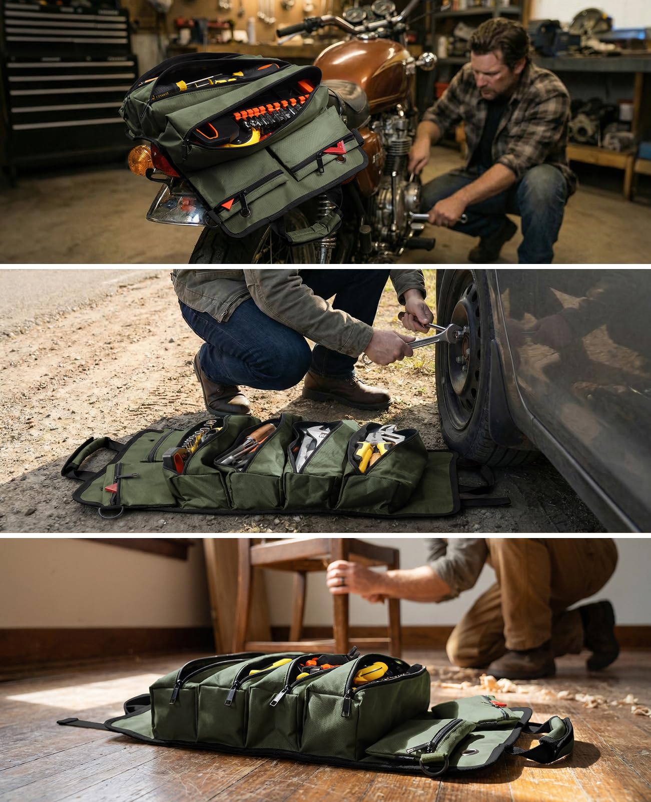 Tool Roll Up Bag, 1680D Heavy Duty Tool Bag Organizer with 2 Detachable Tool Pouches & Multiple Pockets, Waterproof Motorcycle Tool Roll for Mechanic & Electrician, Gift for Men Him Dad, 21.9"*14.7"