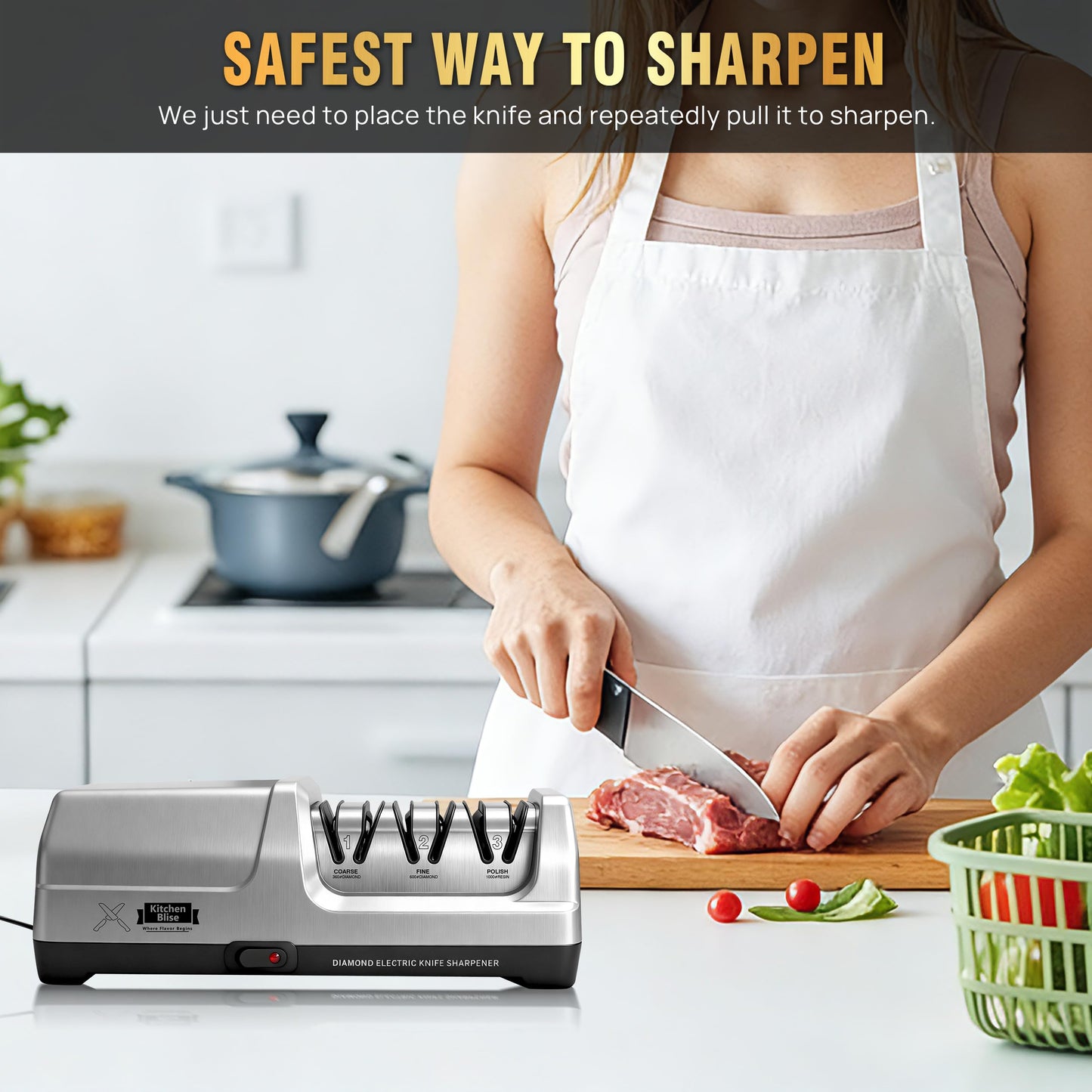 KITCHEN BLISE Electric Knife Sharpener for KitchenโFast Sharpening to Restore and Polish Chef Straight and Serrated Knives with 3 Stages & 20ยฐ Angle System with Metal Dust Box