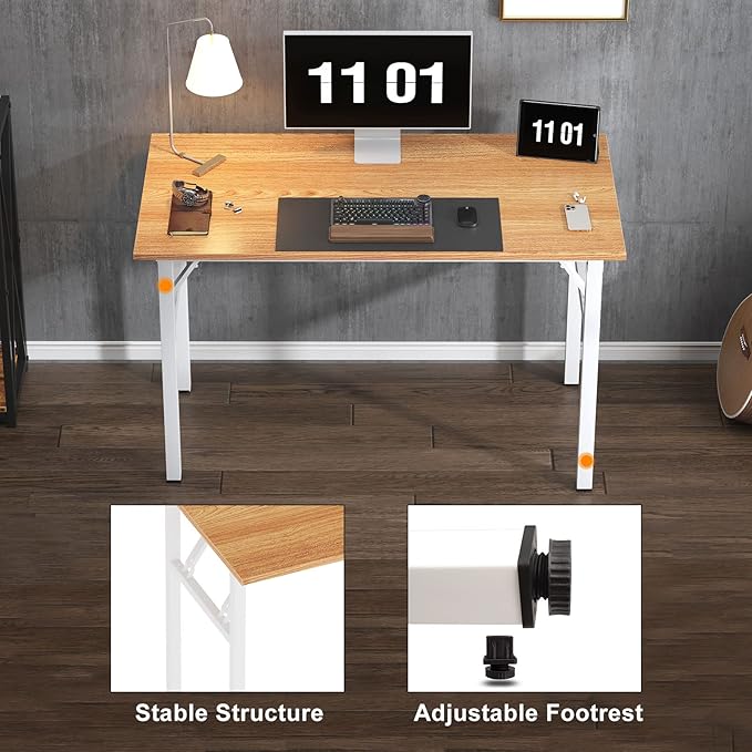 Need Folding Computer Desk - 39.4 Inch Foldable Office Writing Work Study Kids Student Teacher Home Bedroom Table for Small Space, Teak & White