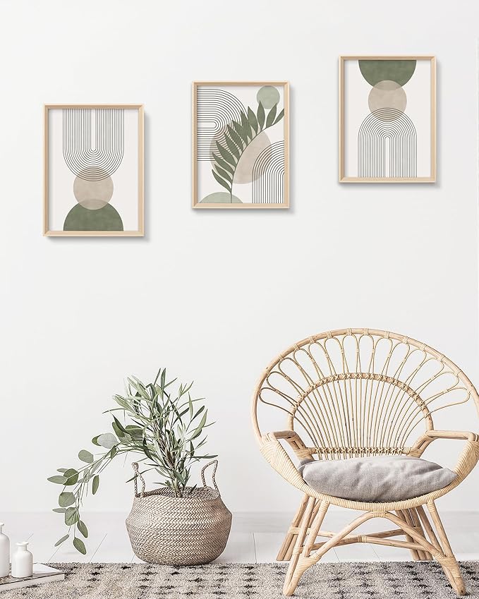 HesenDot Boho Sage Green Framed Wall Art, 12x16in High Framed Design Canvas Prints Wall Decor,Minimalist Abstract Green Poster Home Decoration for Living Room Bedrrom Gallery Office,Set of 3