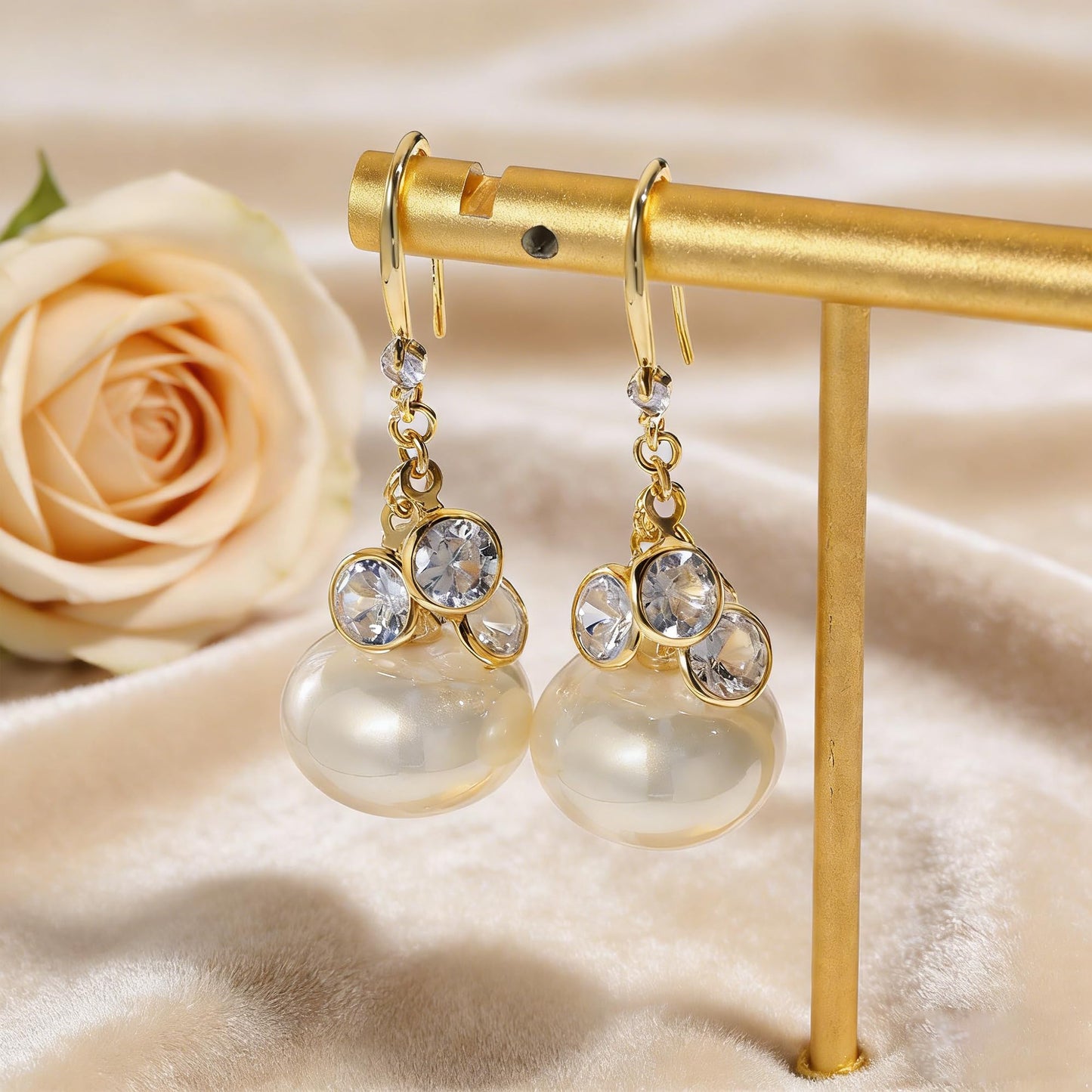 WASAIE 14k Gold Plated Brass Ball Bead Pearl Drop Dangle Hook Earring for Women, CZ Cubic Zirconia Trendy Statement Elegant Jewelry Earrings for Prom Wedding Brides