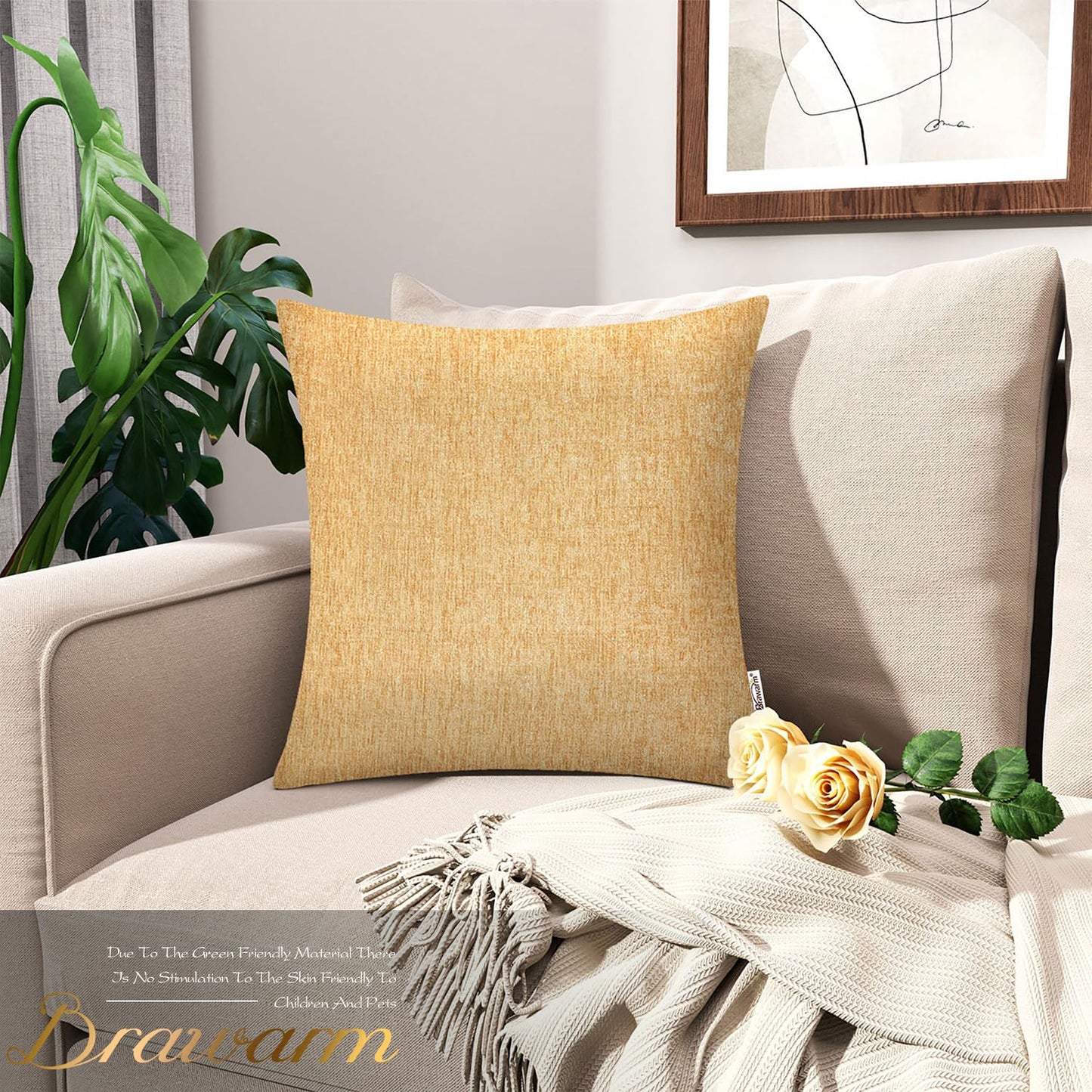 BRAWARM Throw Pillow Covers 22x22 Inches - Gold Chenille Pillow Covers Pack of 2, Solid Dyed Soft Chenille Pillow Cases for Couch Sofa Bed Home Decoration