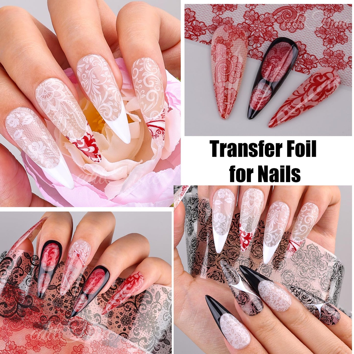 Lace Nail Foil Transfer Sheets, 10 Rolls Black White Red Flower Nail Art Transfer Foils Decals, Flower Nail Art Foils Decals Holographic Foils for Nails Manicure DIY (10 Rolls Red+Black+White)