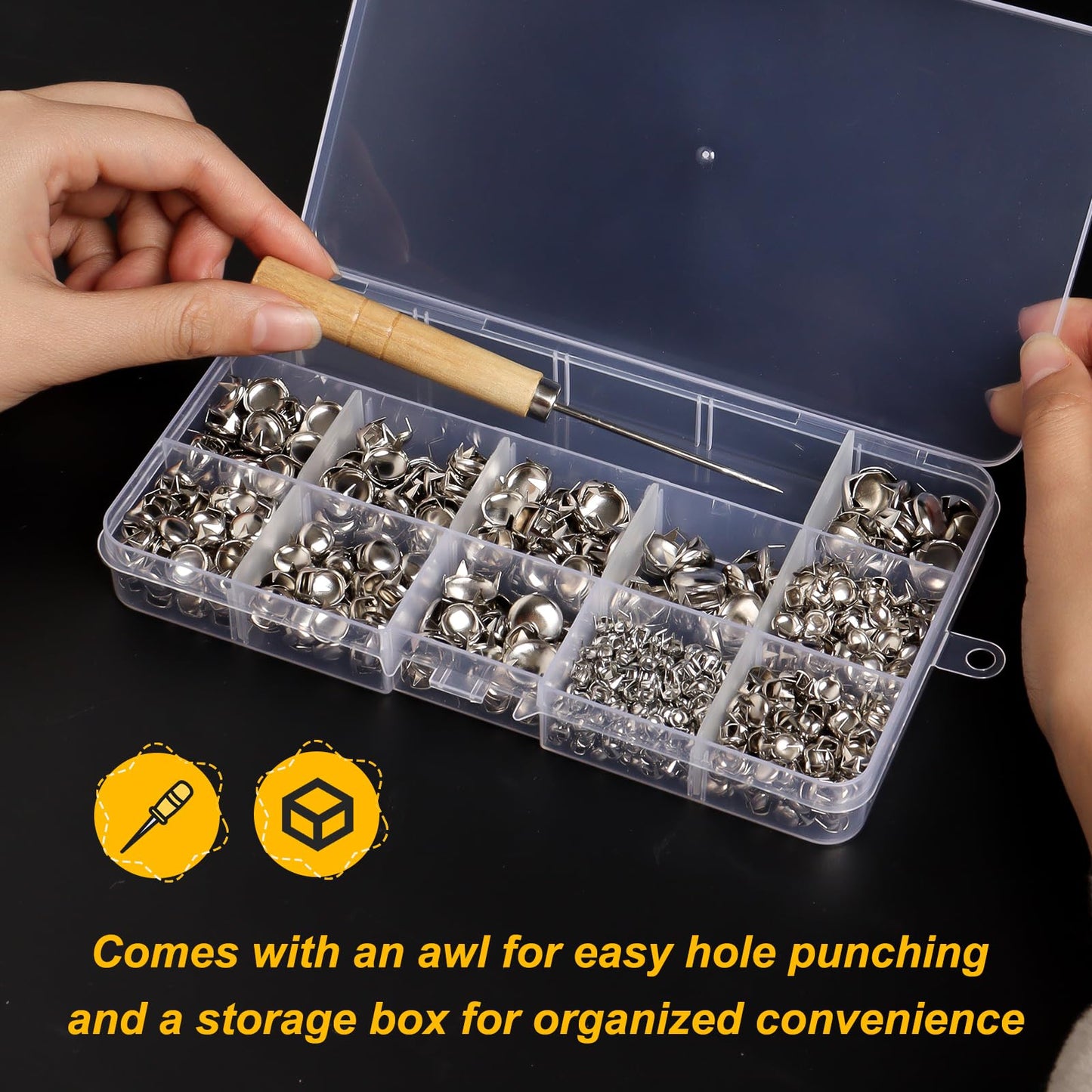 SBYURE 1000 Pcs Round Dome Studs 5 Sizes Studs for Clothing Round Dome Studs and Spikes Prong Studs Kit for Leather Craft Clothing Belts Bags Shoes Bracelets Dog Collar Accessories DIY (Silver)