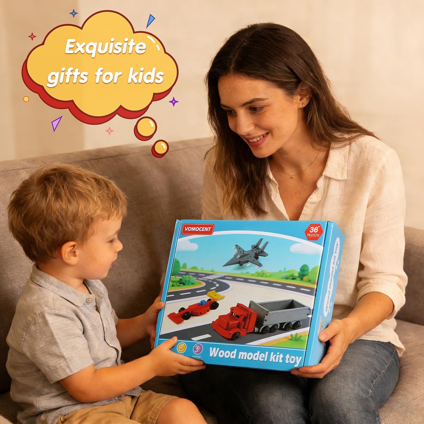 VOMOCNET 3 Pack DIY Wooden Model Building Kit, Includes Fighter Jet, Truck, Race Car, Paint Your Own Arts and Crafts, STEM Toys Birthday Gifts for Boys Girls