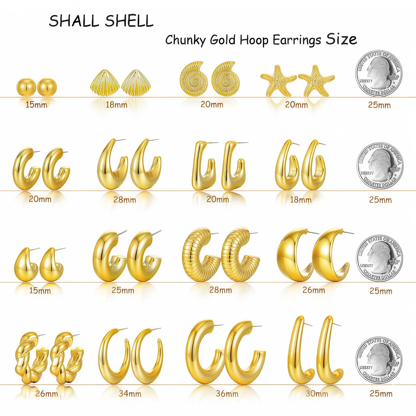 16 Pairs Starfish Chunky Gold Hoop Earrings Set for Women, Beach Shell Style Stack Statement Earrings, Hypoallergenic Lightweight Gold Plated Trendy Summer Jewelry Gift