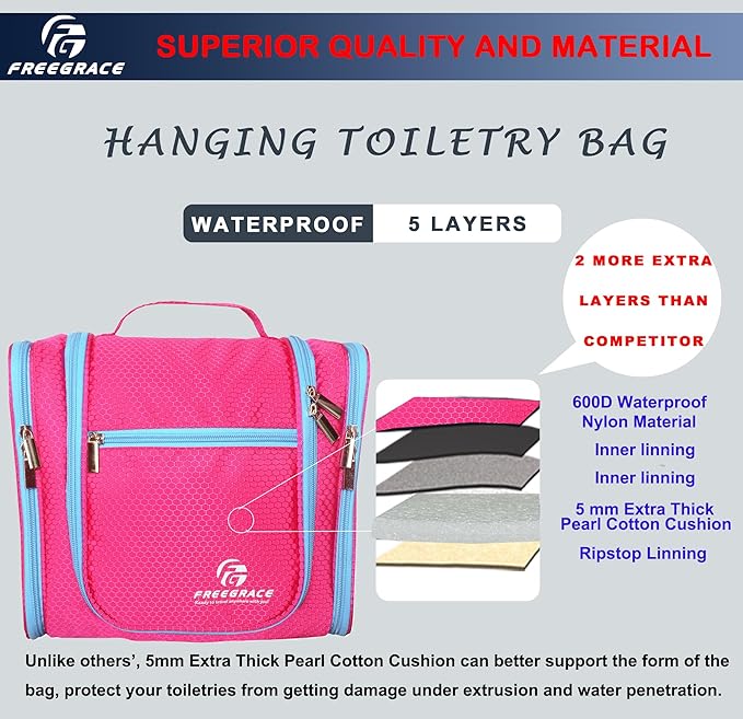 Hanging Toiletry Bag Extra Large Capacity | Premium Travel Organizer Bags For Men And Women | Durable Waterproof Nylon Bathroom, Shower, Makeup Bag For Toiletries, Cosmetics, Brushes