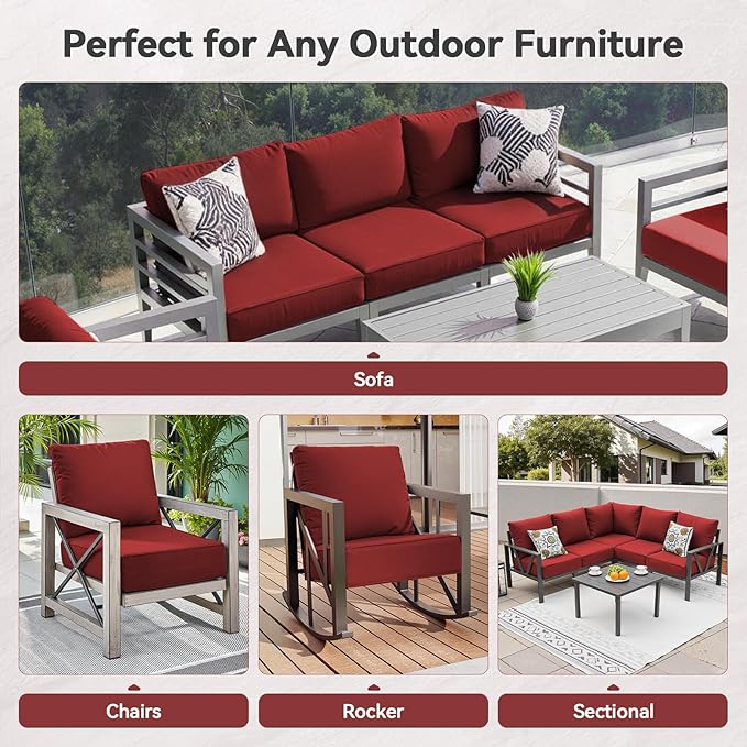 Luxury 6" Outdoor Cushions for Patio Furniture, 24x24x6" Thick Seat Cushion Set of 5, Fade Resistant Couch Chair Replacement Cushions High Density Deep Wicker Chair Cushion w/ Removable Cover, Red