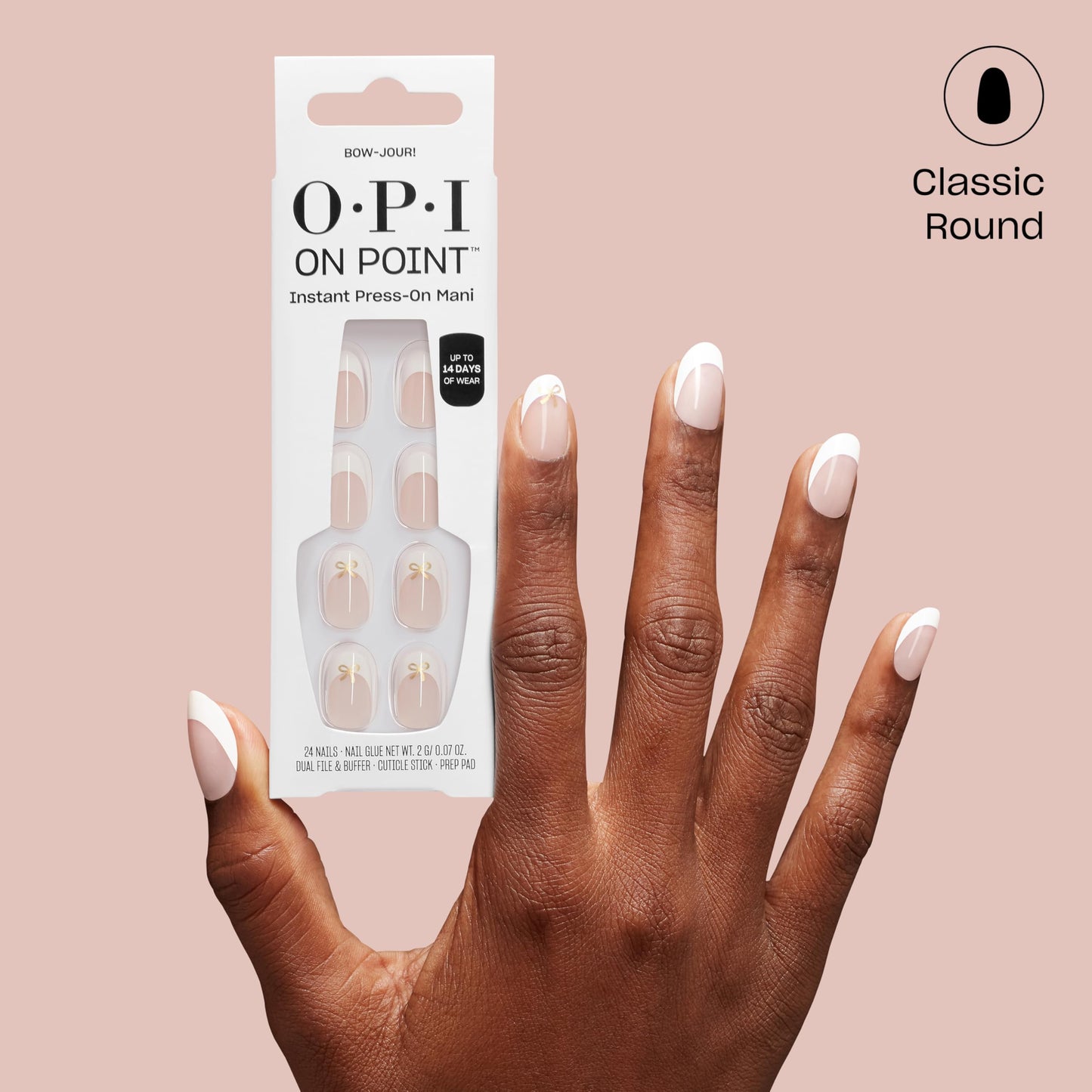 OPI On Point Bow-jour! | Short Round Nude & White French Tip with Gold Bow Design Nail Art Press On Nails | 24 Count with Glue | Long Lasting, Reusable, Non-damaging | Fall 2025 Shades