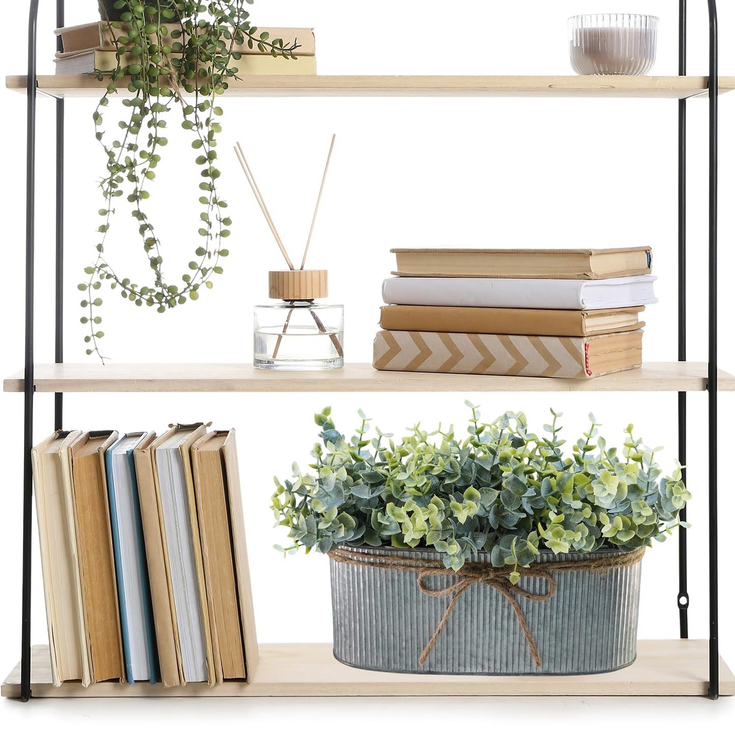 Winlyn Artificial Eucalyptus Arrangement in Rustic Oval Galvanized Metal Planter Box Faux Eucalyptus Bush Greenery Potted Plants for Farmhouse Indoor Home Office Table Centerpiece Kitchen Décor