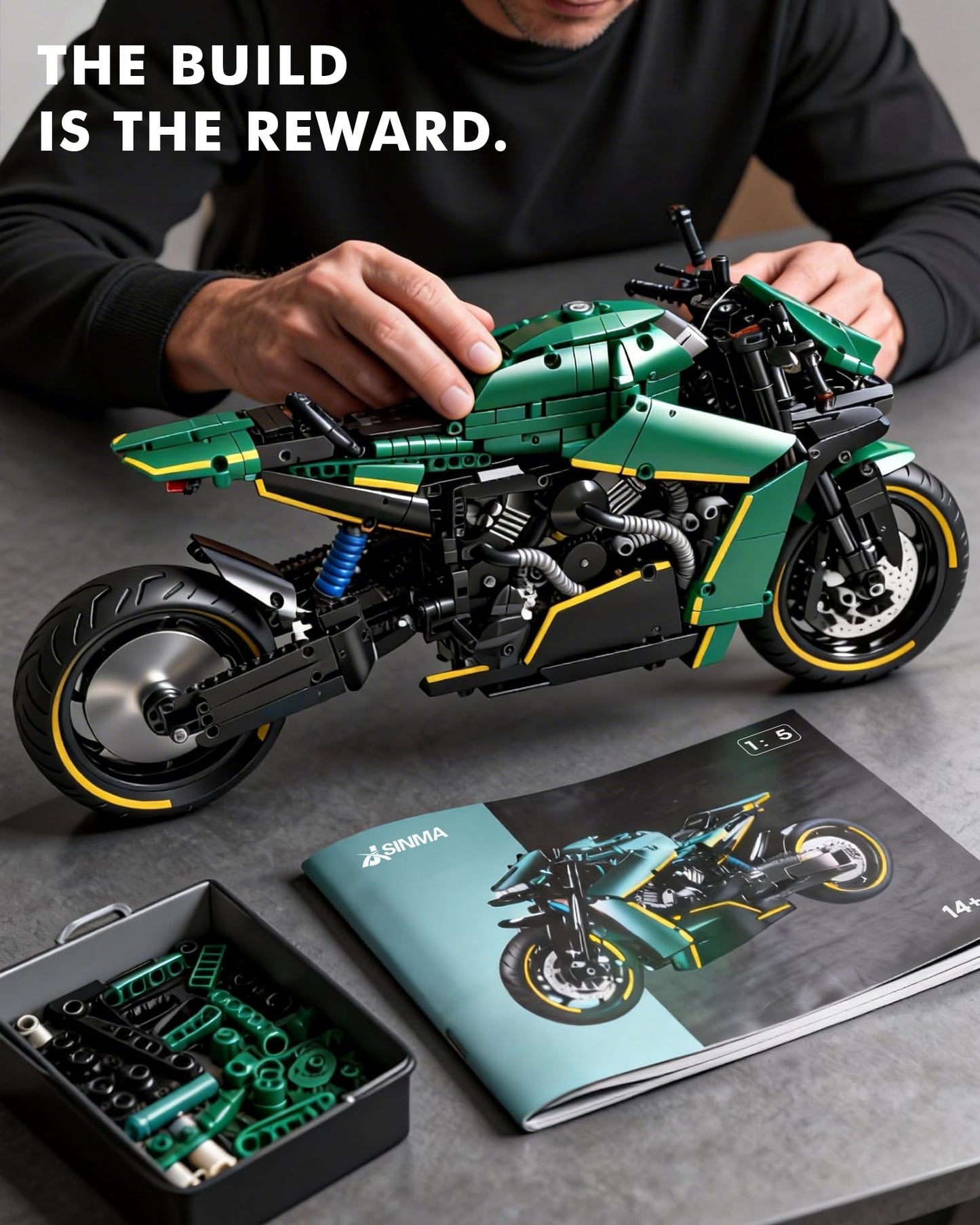 JSINMA Technic AMB001 Hyper Motorcycle Building Set for Adults, 1:5 Large Scale Bike Model with LED Lights, Mechanical Engineering Display Collectible Gift, 2100+ PCS