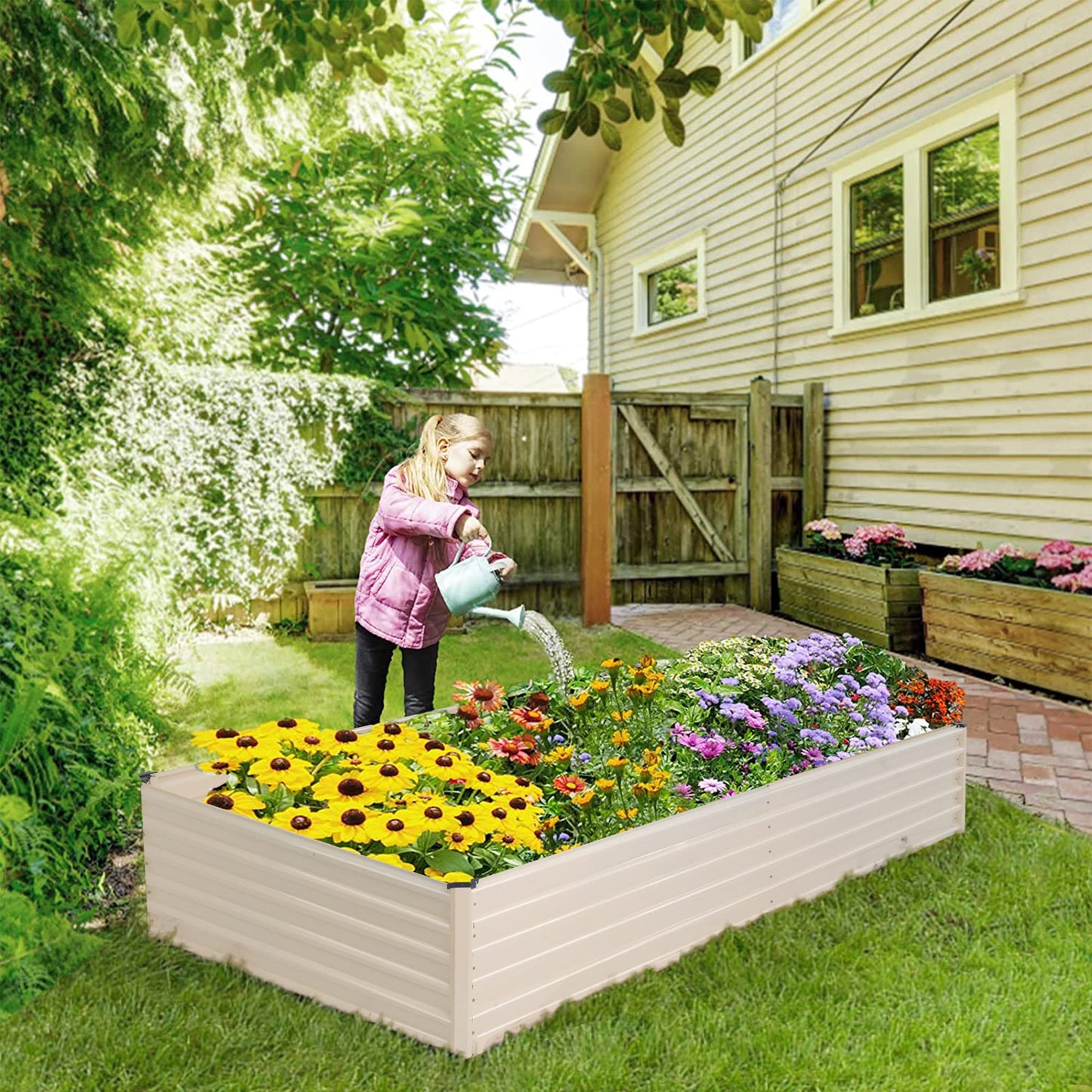 Sundale Outdoor Galvanized Raised Garden Bed Kit, 8x4x2ft Planter Raised Garden Boxes Outdoor with Anti-Rust Paint, Rectangle Metal Planter Box for Vegetables Flower(Beige)