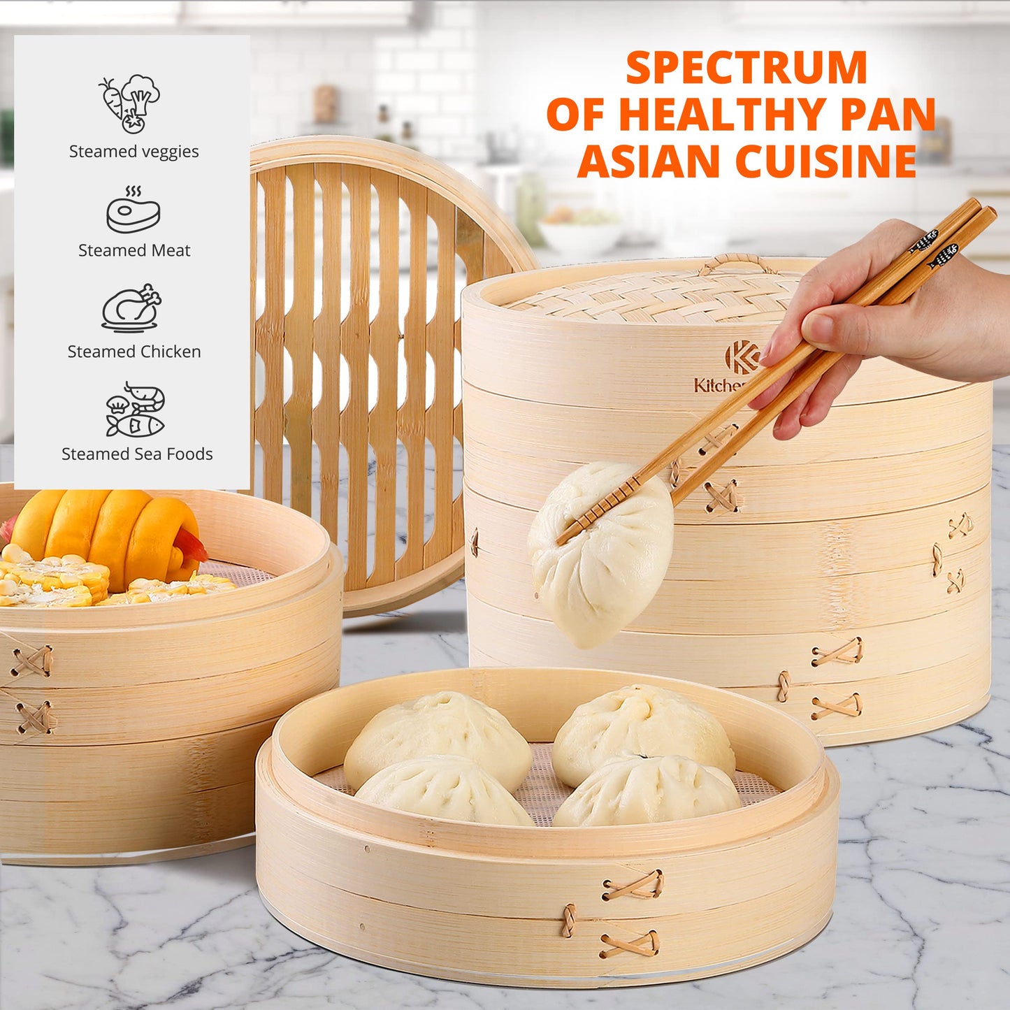 KITCHENCRUST Bamboo Steamer Basket for Chinese Asian Cuisine - 2 Tier 10-Inch Steaming Basket Bun Vegetable Steam, Dumpling Steamer bamboo steam basket, Sauce Dish, Chopsticks, Reusable Liners, Ring