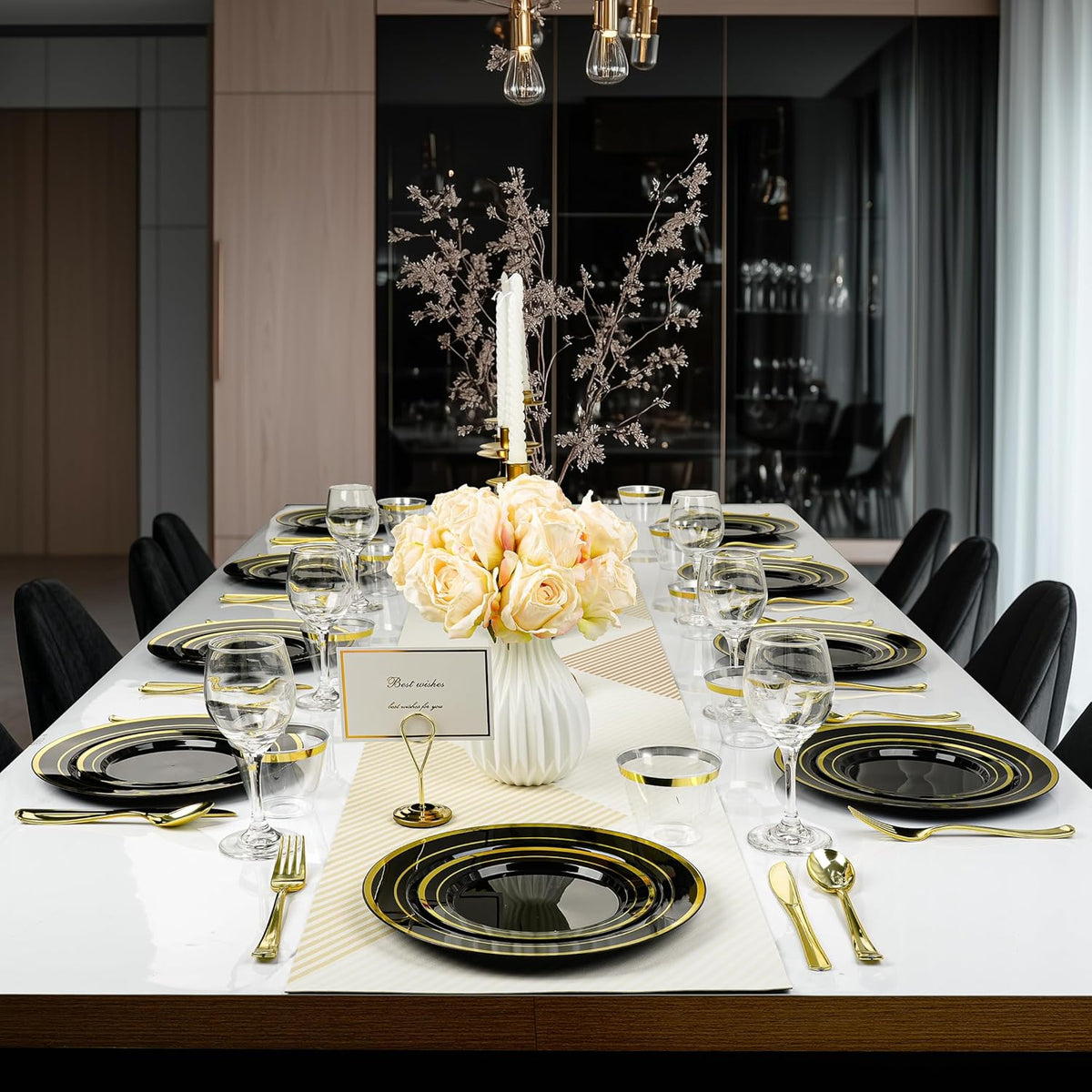 BESTVIP 600PCS Black Gold Dinnerware Set for 100 Guests, Plastic Plates for Halloween Party and Christmas, 100 Disposable Plates, 100 Dessert Plates, 100 Cups, 100 Spoons, 100 Forks and 100 Knives