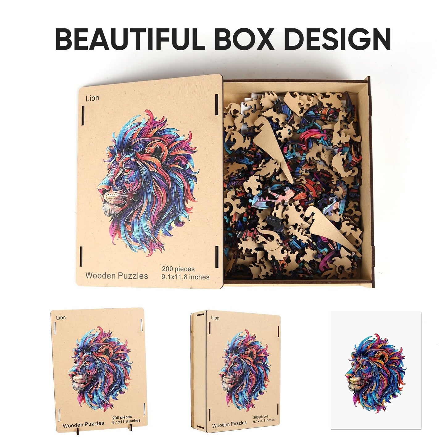 Wooden Jigsaw Puzzle, 200 Pcs Unique 3D Shape Jigsaw Puzzles, Wood Puzzle Gift Box Packing, Medium Size Letter, Creative Gift for Adults and Kids, Fun Challenging (EA4Lion, 200PCS)