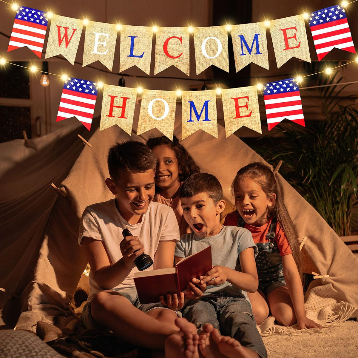 Mudder Welcome Home Banner with LED Decoration Fairy String Light 2 Flicker Mode Patriotic Banner Bunting Welcome Home Sign for Housewarming Military Celebration Family Party Supplies Gifts