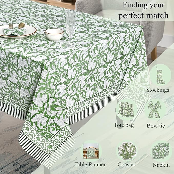 Ridhi Hand Block Print Sage Green Rectangle Cotton Tablecloth 118" x 70" Reusable Table Cover Decorative Everyday Use for Dining, Farmhouse, Home Gift for Spring, Easter, Valentine