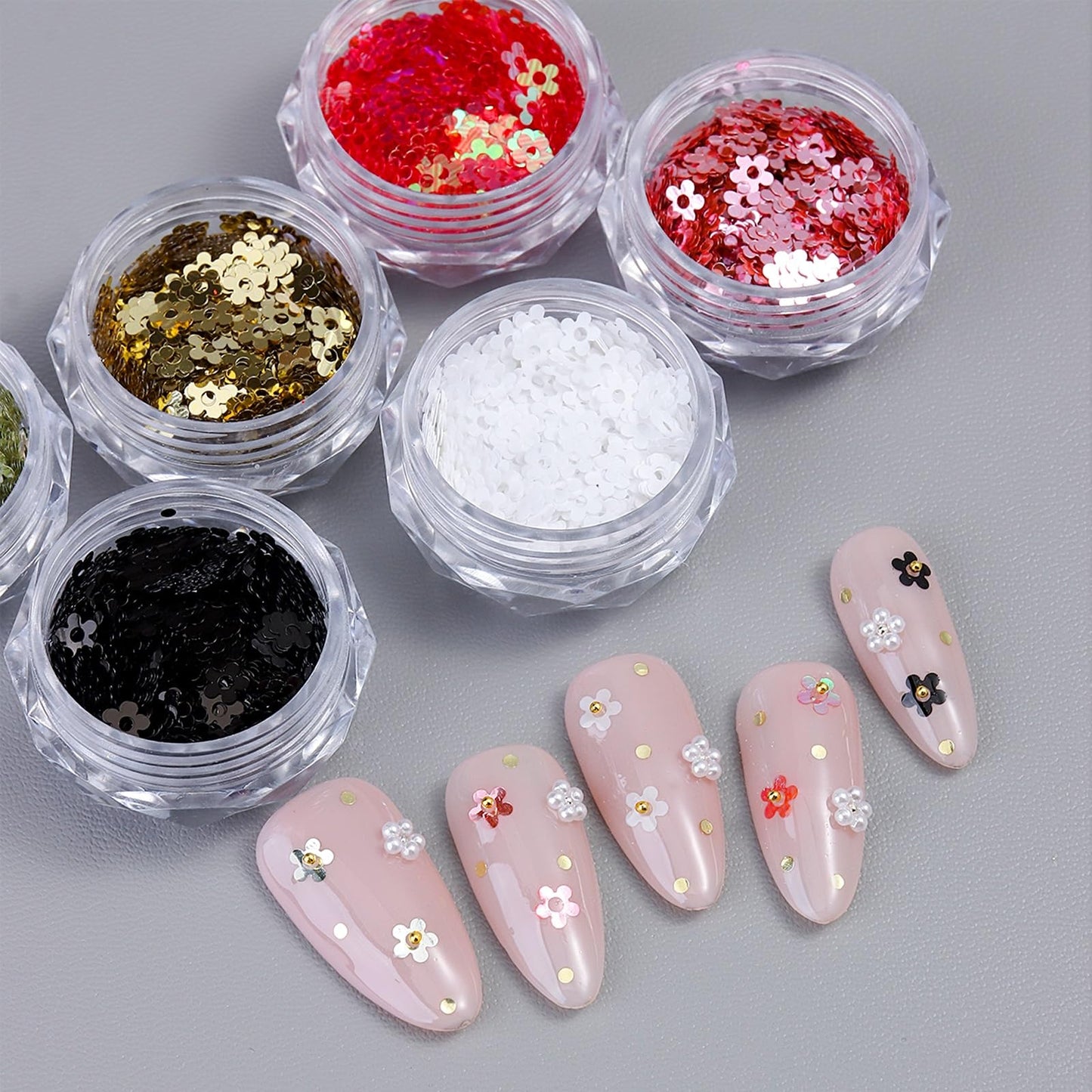 SUTOKAKA 6 Colors Five-Petal Flower Nail Glitter Sequins for Spring Summer Manicure Art 3D Holographic Laser Floral Flakes Shiny Nail Decals for Fingernail Face Body Design
