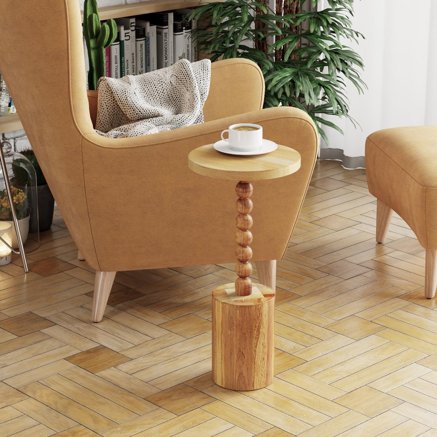 COZAYH Natural Wood End Table with Round Top and Decorative Beaded Pedestal, Farmhouse Accent Side Table Drink Table for Living Room or Small Spaces