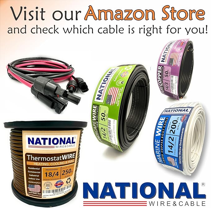 NATIONAL Wire & Cable – 12 AWG 2-Conductor Premium Copper Wire, 50 ft, Stranded | Made in USA, Heavy-Duty Flexible Jacket | Automotive, Solar, Home, RV, Indoor and Outdoor Use