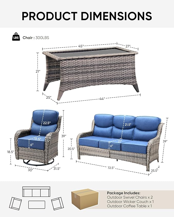 HUMMUH 6 inch Thick Cushion Wicker Patio Furniture Set with Outdoor Swivel Rocker Patio Chairs,High Back Outdoor Couch and Coffee Table for Porch Garden Deck