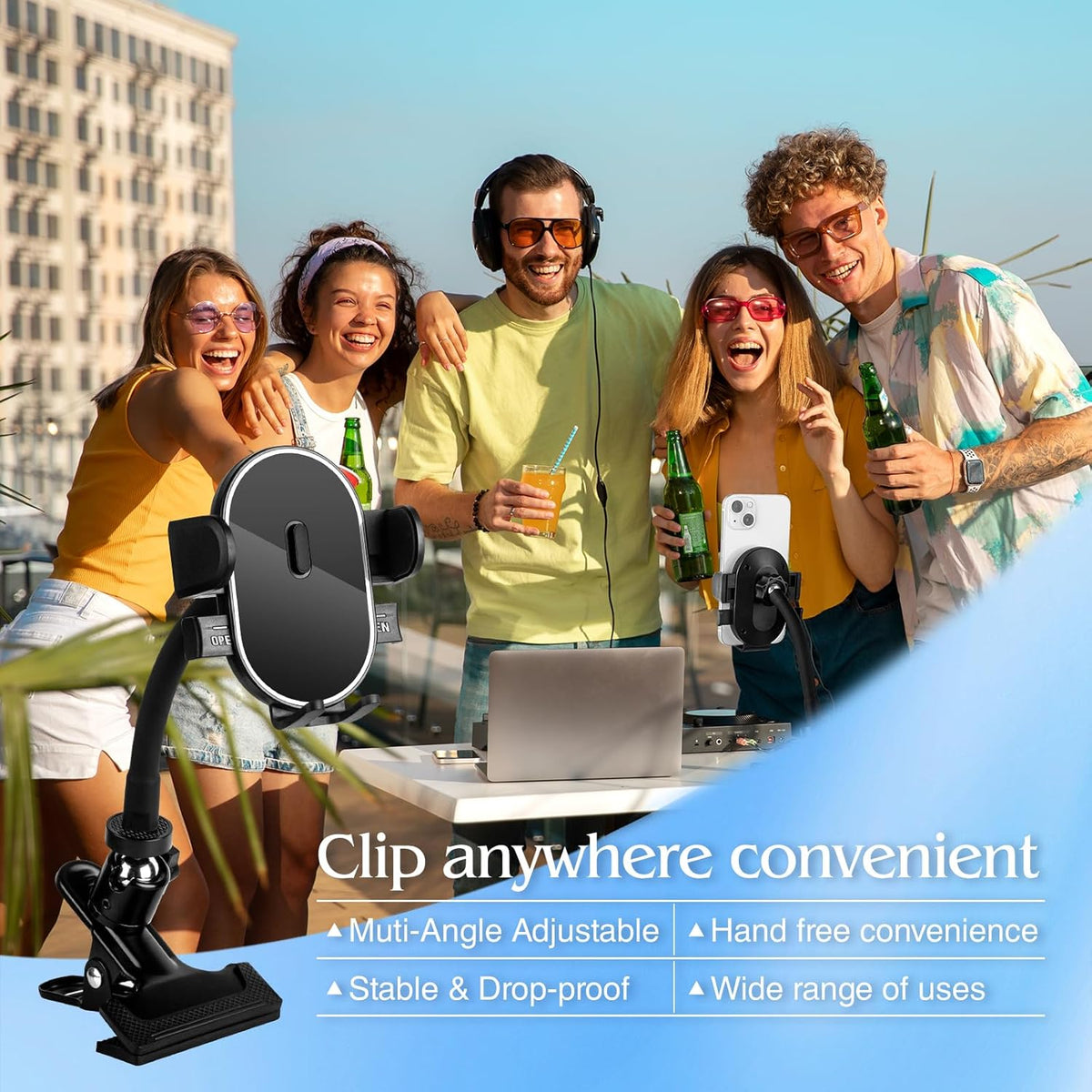 ROCKFREE Clip Phone Holder with 360° Gooseneck Arm & Auto-Locking Clamp,Short/Medium/Long Arm Options for Desk, Mic Stand, Table,Treadmill – Fits 4-7" Smartphones(Medium-5.9 inch Arm)