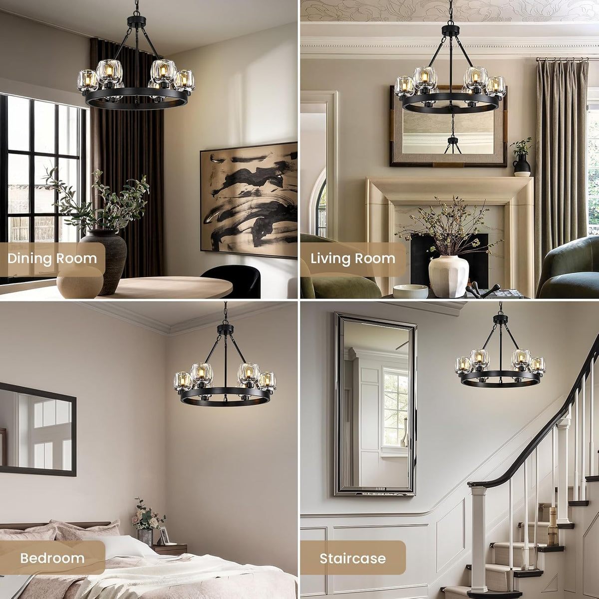 Black Wagon Wheel Chandelier, 24 Inch Black Chandeliers with Unique Glass Shade, 6-Light Crystal Farmhouse Wagon Wheel Chandeliers for Dining Room, Round Chandelier for Living Room, Foyer, Entryway