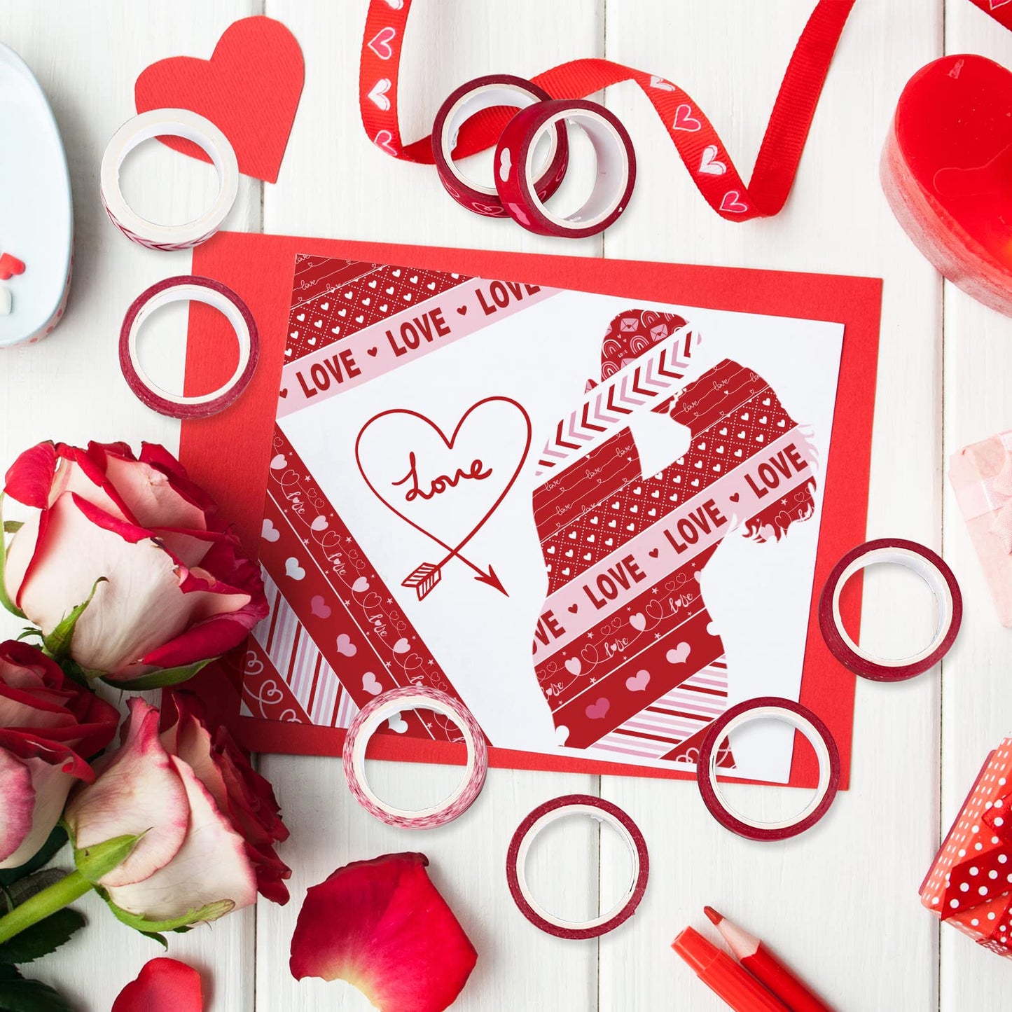 Whaline 12 Rolls Valentine Washi Tape Red Heart Love Masking Tape Sticker Assorted Design Valentine Washi Tape for Wedding Scrapbook DIY Craft Gift Wrapping, 0.6in x 16.4ft