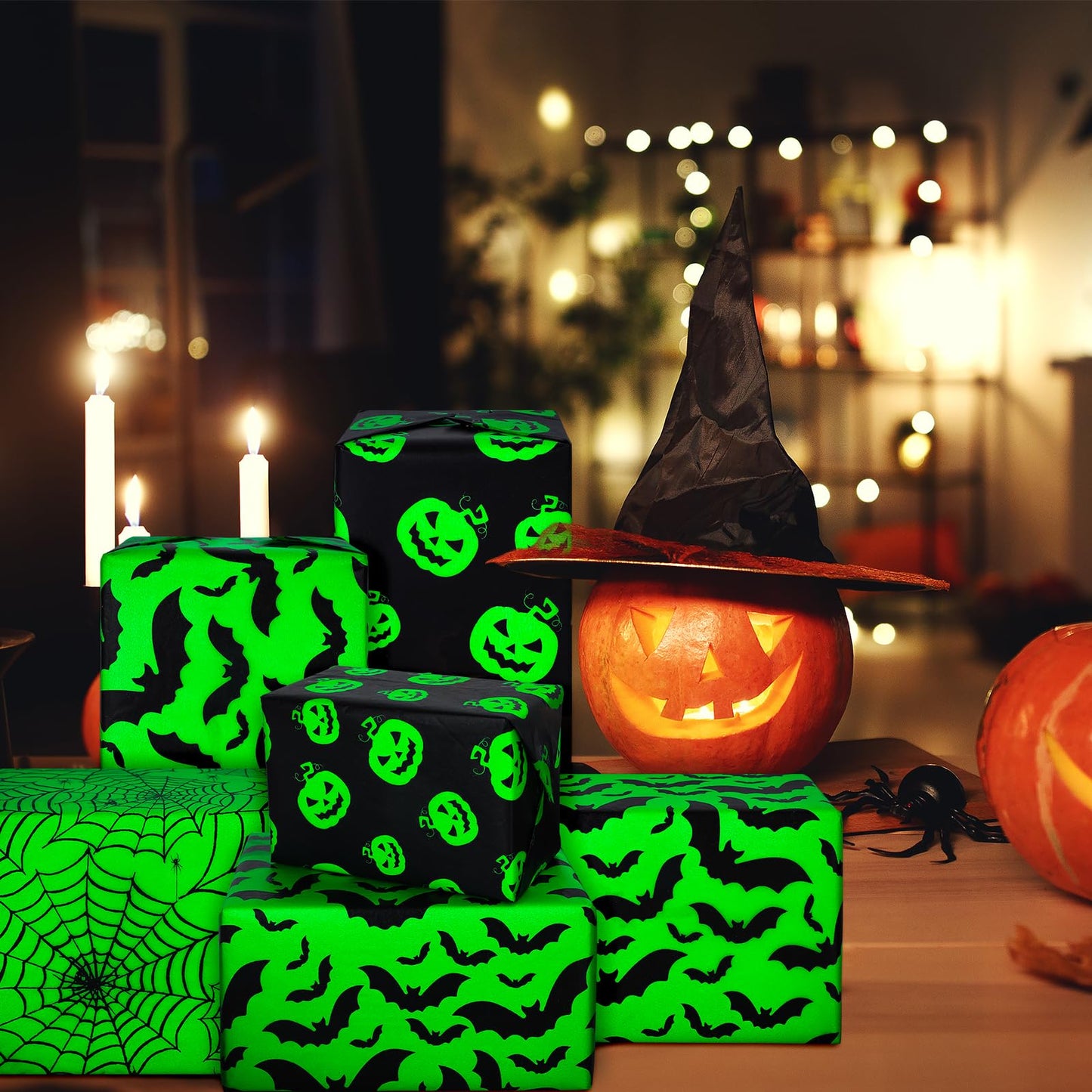 Whaline 90 Sheet Halloween Black Green Tissue Paper Pumpkin Cobweb Bat Wrap Tissue Paper 13.8 x 19.7 Inch Scary Black Green Decorative Gift Wrapping Paper for Halloween Party Craft Gift Packing