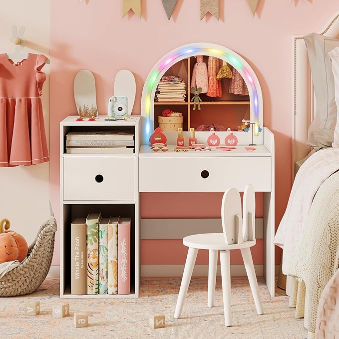 Costzon Kids Vanity, Girls Vanity Set with Mirror and Stool and Lights, Drawers & Storage Compartments, Toddler Makeup Vanity Desk Dressing Table, Wooden Kids Vanity Table and Chair Set (White)