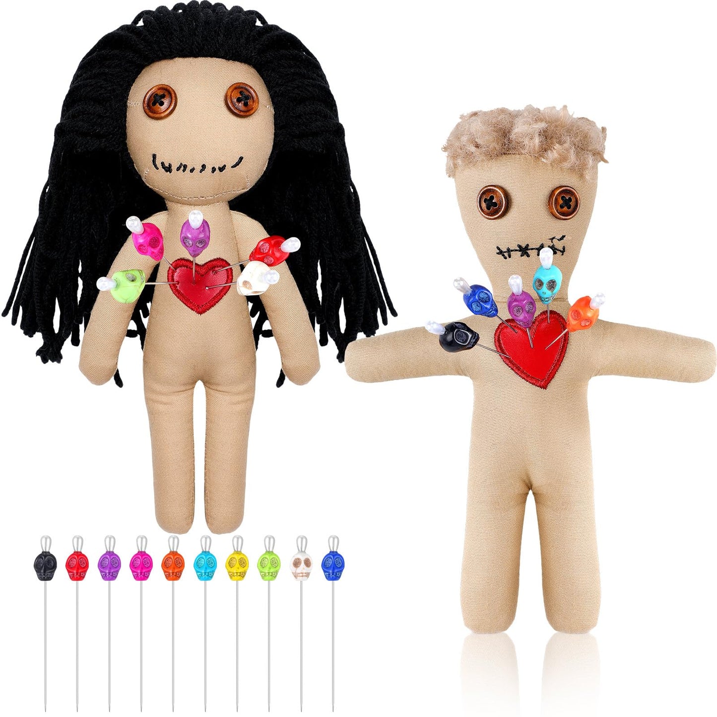 Jenaai 12 Pcs Voodoo Doll Set Include 2 Pcs Creepy Dolls with 10 Pcs Skull Pins Soft Halloween Scary 7.87 Inch Creepy Voodoo with Pins for Halloween Ornaments Fidget Toys Stress Relieving