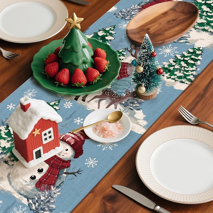 Artscope Reindeer Snowman Christmas Tree Table Runner, Xmas Winter Snowflakes Holiday Kitchen Dining Table Decoration for Christmas Home Party Decor 13x120 Inch-Light Blue